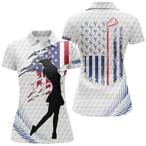 Max Corners White Golf Ball Cracked Us Flag Customized Name 3D Golf Polo Shirt For Women