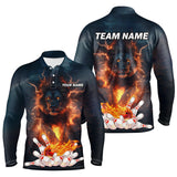 Maxcorners Lightning thunder storm Lion Flame Bowling Polo, Quarter Zip Shirt Custom Bowling Team Jersey