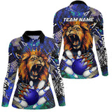 Maxcorners Blue Camo Lion roar Bowling Polo, Quarter Zip Shirts for Women Custom Lion Bowling Team jerseys