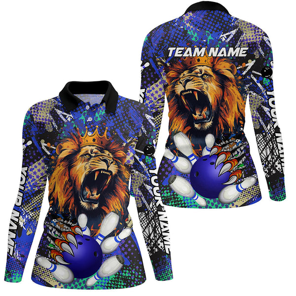 Maxcorners Blue Camo Lion roar Bowling Polo, Quarter Zip Shirts for Women Custom Lion Bowling Team jerseys