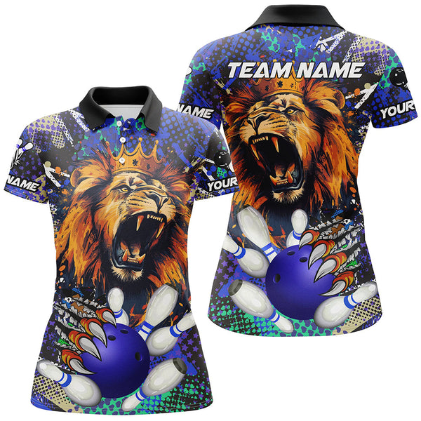 Maxcorners Blue Camo Lion roar Bowling Polo, Quarter Zip Shirts for Women Custom Lion Bowling Team jerseys