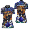 Maxcorners Blue Camo Lion roar Bowling Polo, Quarter Zip Shirts for Women Custom Lion Bowling Team jerseys