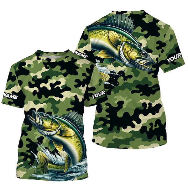 Maxcorners Black Green camo Walleye fishing Custom Long Sleeve Tournament Fishing Shirts, Walleye fishing Jerseys MT2108