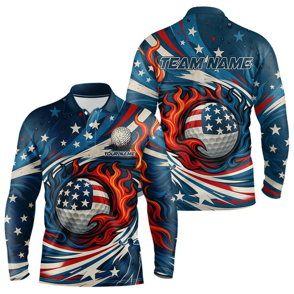 Maxcorners American Flag pattern Flame golf ball Mens Golf polo shirts Custom patriotic Golf Outfit For MensMT0306