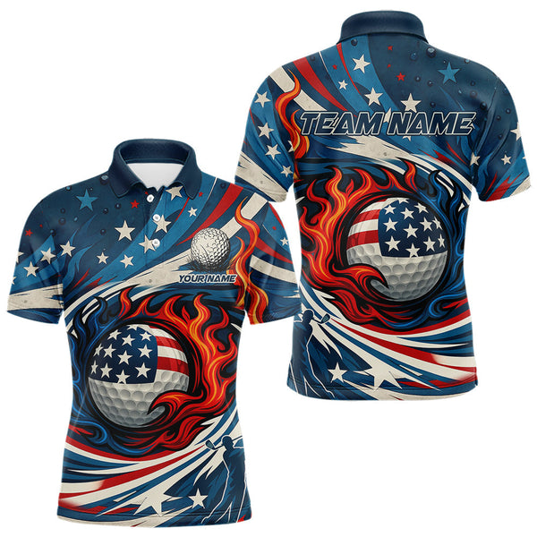 Maxcorners American Flag pattern Flame golf ball Mens Golf polo shirts Custom patriotic Golf Outfit For MensMT0306