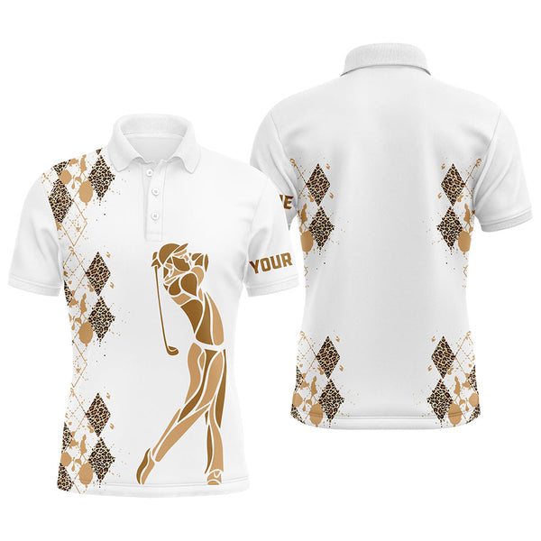 Maxcorners Leopard argyle pattern white Men golf polo shirts custom golf wear for men, unique golf gifts