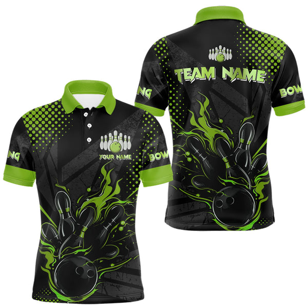 Maxcorners Personalized Black and Green Flame Bowling Polo, 1/4 Zip Shirts For Men, Custom bowling Team Jerseys TU3009
