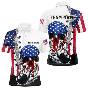 Maxcorners American Flag Skull Bowling Polo, Quarter Zip Shirts for Men Custom Patriotic Bowling Team jerseys