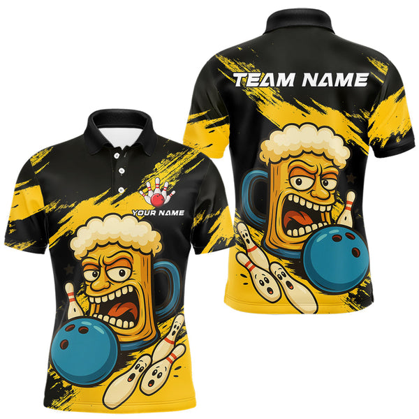 Maxcorners Black And Yellow Funny Beer Bowling Men Polo, 1/4 Zip Shirts Custom Angry Beer Glass Bowling Jersey LM0210