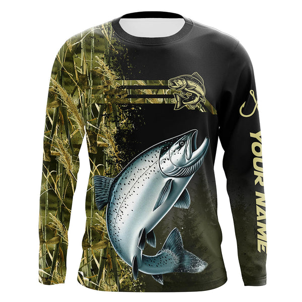 Maxcorners Salmon Fishing Camouflage Custom Performance Long Sleeve Fishing Shirts, Salmon Fishing Jersey