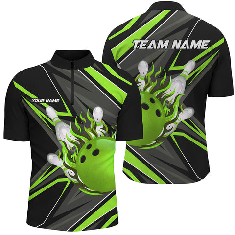 MaxCorners Bowling And Pins Black And Green Customized Name, Team Name 3D Stand Collar Zipper Polo Shirt For Men