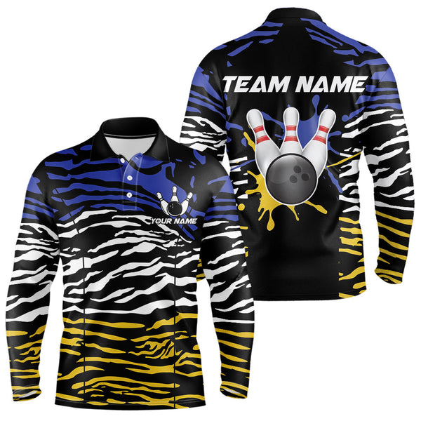 Maxcorners Blue, Yellow and White Tiger Skin Pattern Bowling Shirts For Men Custom Bowling Team jerseys