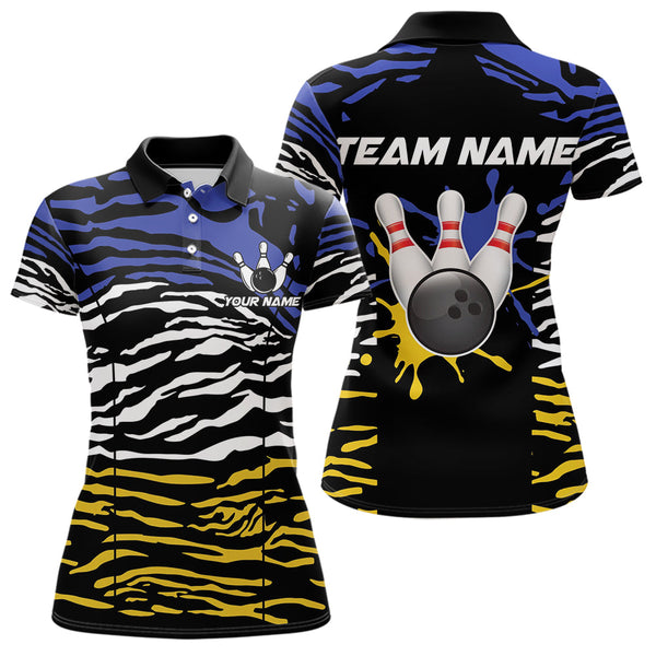 Maxcorners Blue, Yellow and White Tiger Skin Pattern Bowling Shirts For Men Custom Bowling Team jerseys