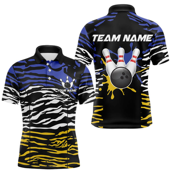 Maxcorners Blue, Yellow and White Tiger Skin Pattern Bowling Shirts For Men Custom Bowling Team jerseys