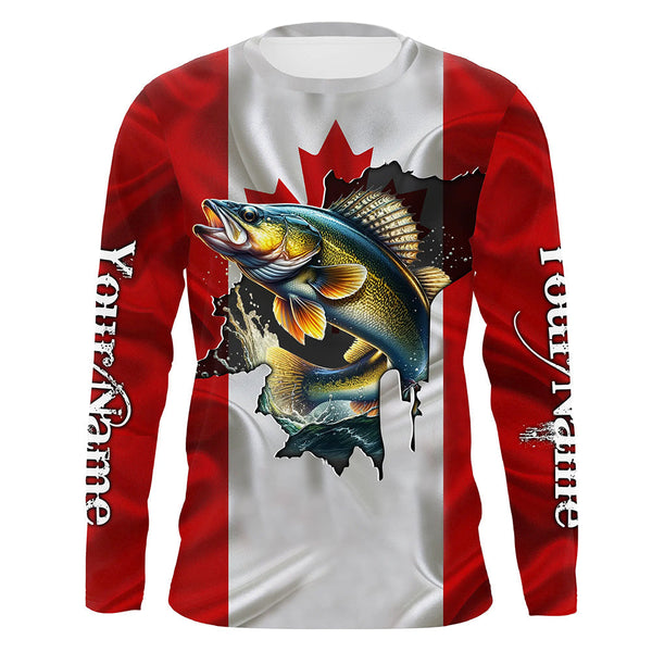 Maxcorners Walleye fishing shirts Canadian flag patriot UV protection Customize name long sleeves fishing shirts MT2108