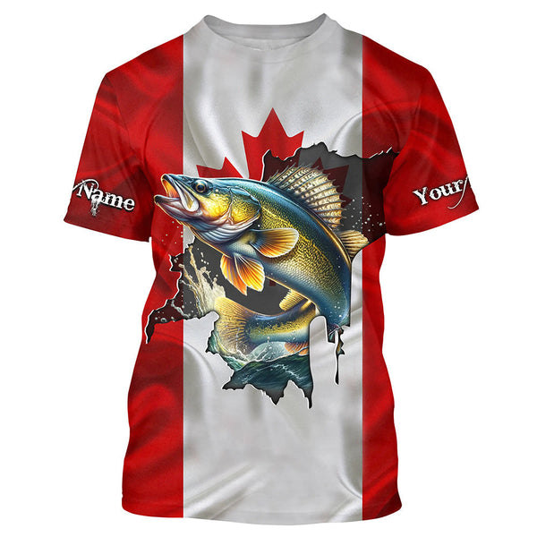 Maxcorners Walleye fishing shirts Canadian flag patriot UV protection Customize name long sleeves fishing shirts MT2108