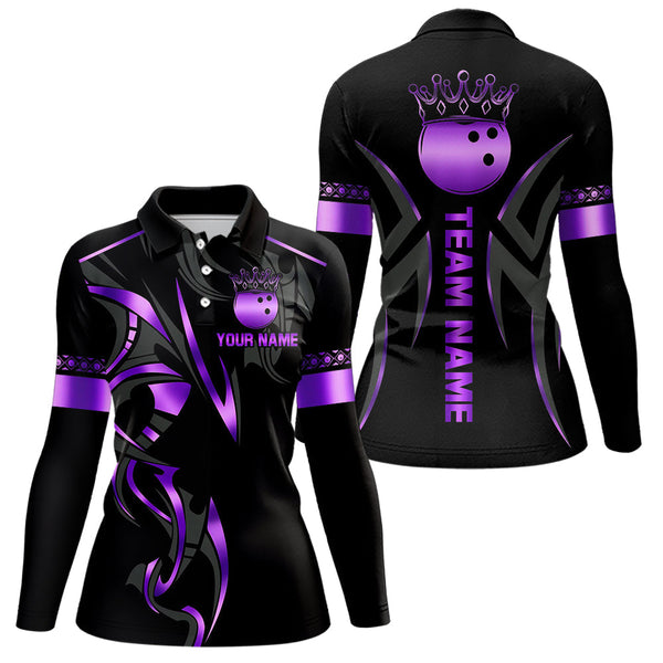 Maxcorners Black and Purple crown Bowling ball Polo, Quarter Zip Shirts for Men Custom Bowling Team jerseys MT0306