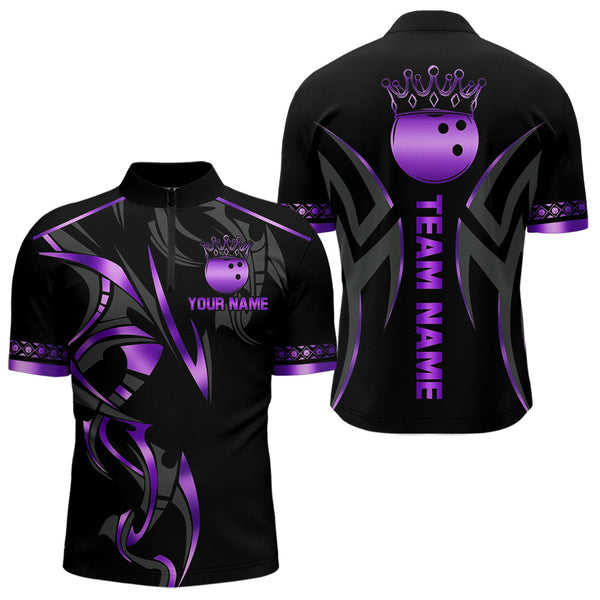 Maxcorners Black and Purple crown Bowling ball Polo, Quarter Zip Shirts for Men Custom Bowling Team jerseys MT0306