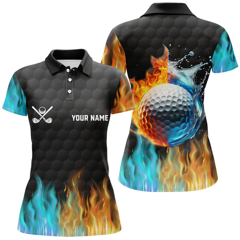 Max Corners Fire And Water Golf Ball Black Customized Name 3D Golf Polo Shirt For Women