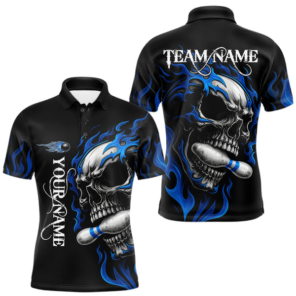 Maxcorners Custom Black and Blue Flame Skull Bowling Shirts For Men, Personalized Skull Team Bowling Jersey  MT2808
