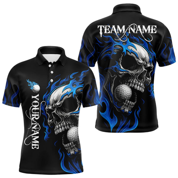 Maxcorners Custom Black and Blue Flame Skull Mens golf polo shirts, Personalized Skull Team Mens Golf Outfit MT2808