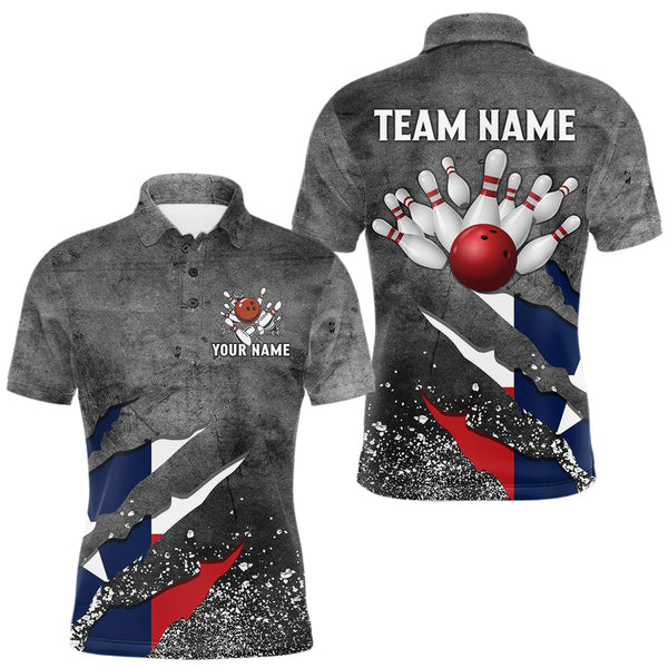 Maxcorners Gray Grunge Texas Flag Bowling Polo, Quarter Zip shirt for men Custom patriotic Team bowling jersey TU2908