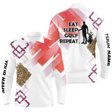 Maxcorners Funny Pink Leopard pattern White Men golf polo shirts custom Eat sleep golf repeat mens golf apparel