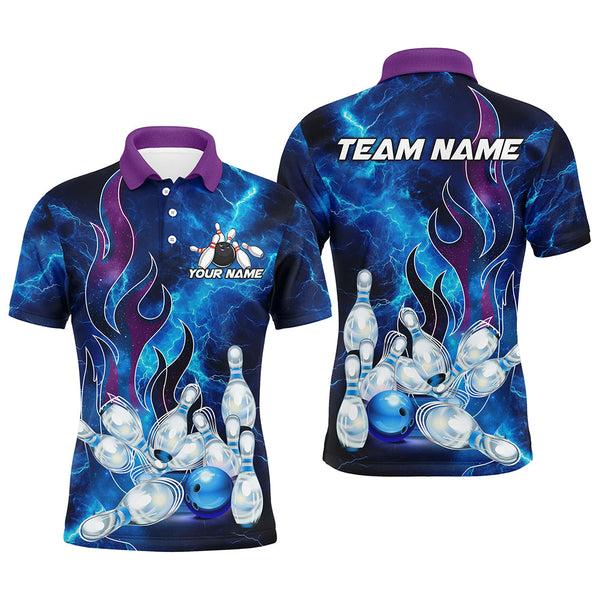 Maxcorners Blue Lightning Thunder Bowling Polo, 1/4 Zip Shirt Purple Flame Custom name Team Bowler Jersey