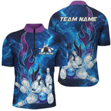 Maxcorners Blue Lightning Thunder Bowling Polo, 1/4 Zip Shirt Purple Flame Custom name Team Bowler Jersey