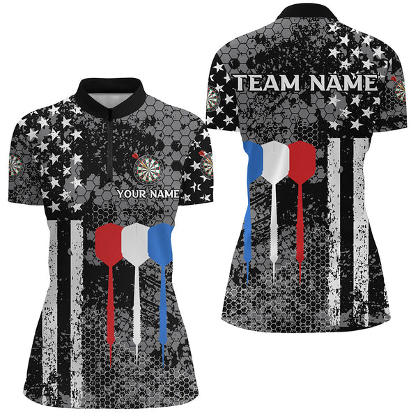 Maxcorners Black And White American Flag Dart Polo Shirt For Women Custom Patriotic Dart Shirts