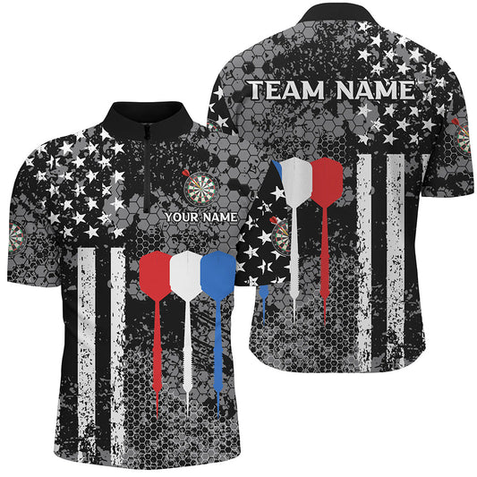 Maxcorners Black And White American Flag Dart Polo, Quarter Zip Shirt For Men Custom Patriotic Dart Shirts