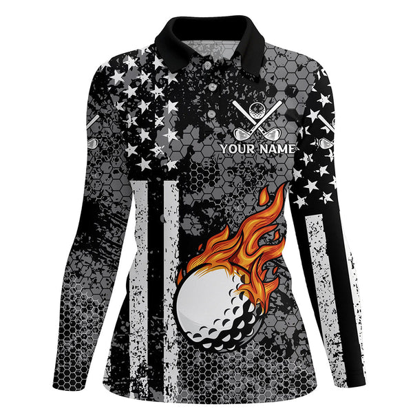 Maxcorners Black And White American Flag Flame Womens Golf Polo Shirts Custom Patriotic Ladies Golf Tops