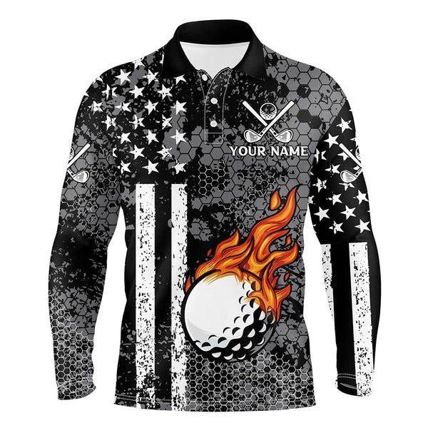 Maxcorners Black And White American Flag Flame Golf Ball Mens Golf Polo Shirts Custom Patriotic Men Golf Tops