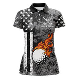 Maxcorners Black And White American Flag Flame Womens Golf Polo Shirts Custom Patriotic Ladies Golf Tops