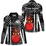 Maxcorners Black & White American Flag Flame Bowling Polo Shirt For Women Custom Bowling Team Jersey