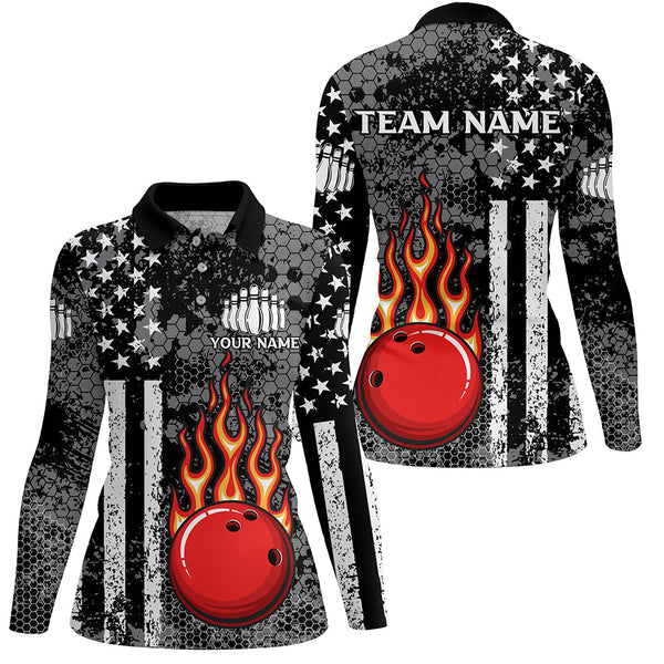 Maxcorners Black & White American Flag Flame Bowling Polo Shirt For Women Custom Bowling Team Jersey
