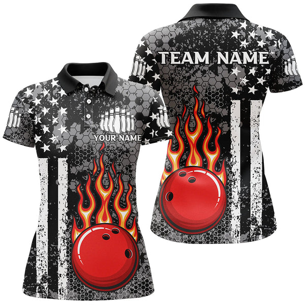 Maxcorners Black & White American Flag Flame Bowling Polo Shirt For Women Custom Bowling Team Jersey