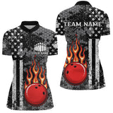 Maxcorners Black & White American Flag Flame Bowling Polo Shirt For Women Custom Bowling Team Jersey