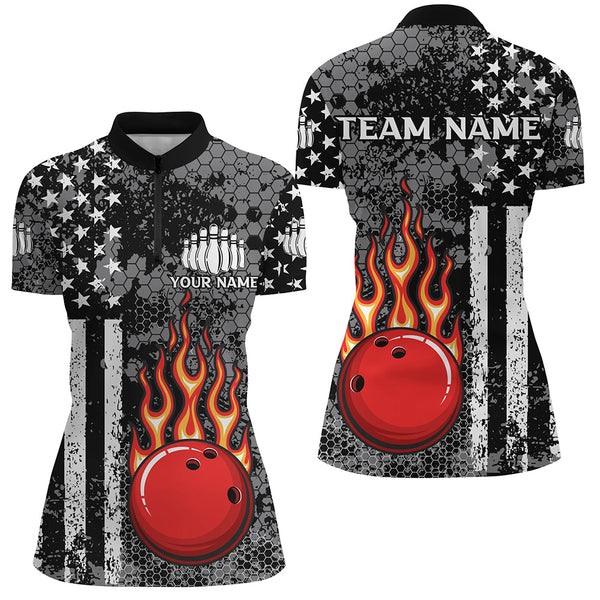 Maxcorners Black & White American Flag Flame Bowling Polo Shirt For Women Custom Bowling Team Jersey