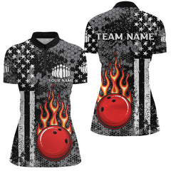 Maxcorners Black & White American Flag Flame Bowling Polo Shirt For Women Custom Bowling Team Jersey