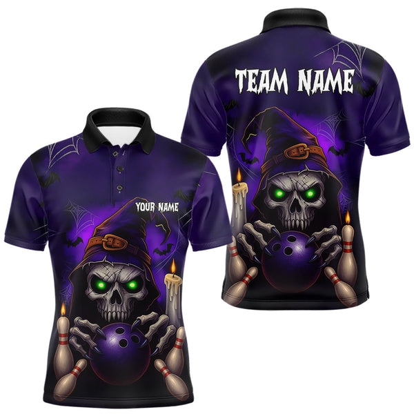 Maxcorners Custom Purple Skull Halloween Bowling Polo, Quarter Zip Shirts For Men, Skull Team Bowling Jersey MT0410
