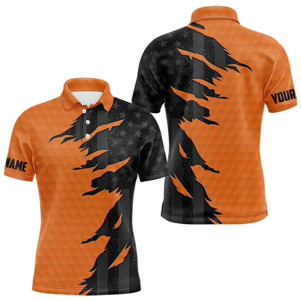 Maxcorners Personalized Mens golf polo shirts custom orange golf ball skin black American flag mens golf apparel LM1506
