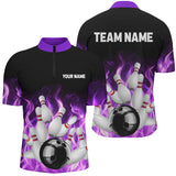 Maxcorners Purple Flame Fire Bowling Polo, Quarter Zip Shirts Custom name Team Bowling Jerseys Bowler