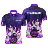 Maxcorners Purple Flame Halloween Pumpkin Bowling Polo, Quarter Zip Shirts Custom Team Bowling Jerseys