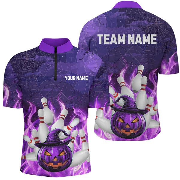 Maxcorners Purple Flame Halloween Pumpkin Bowling Polo, Quarter Zip Shirts Custom Team Bowling Jerseys