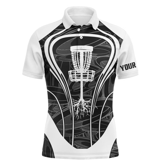 Maxcorners Black and white Mens disc golf polo shirt custom name disc golf basket, disc golfer gift ideas MT0510