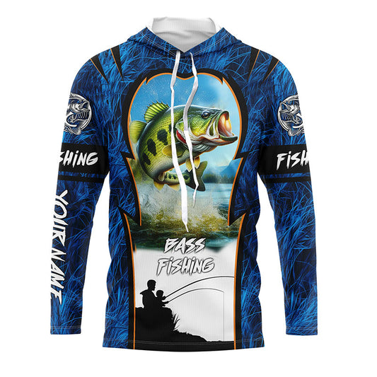 Maxcorners Bass Fishing Blue Camo Customize Name UV protection long sleeves fishing shirt for men LM0201
