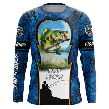 Maxcorners Bass Fishing Blue Camo Customize Name UV protection long sleeves fishing shirt for men LM0201