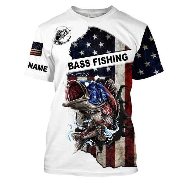 Maxcorners Customize Name American Flag Largemouth Bass Fishing 3D Shirts