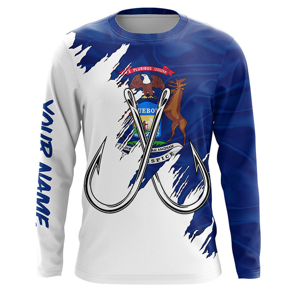 Maxcorners Michigan flag MI Fishing Fish Hook UV protection custom long sleeve Patriotic fishing apparel MT2108